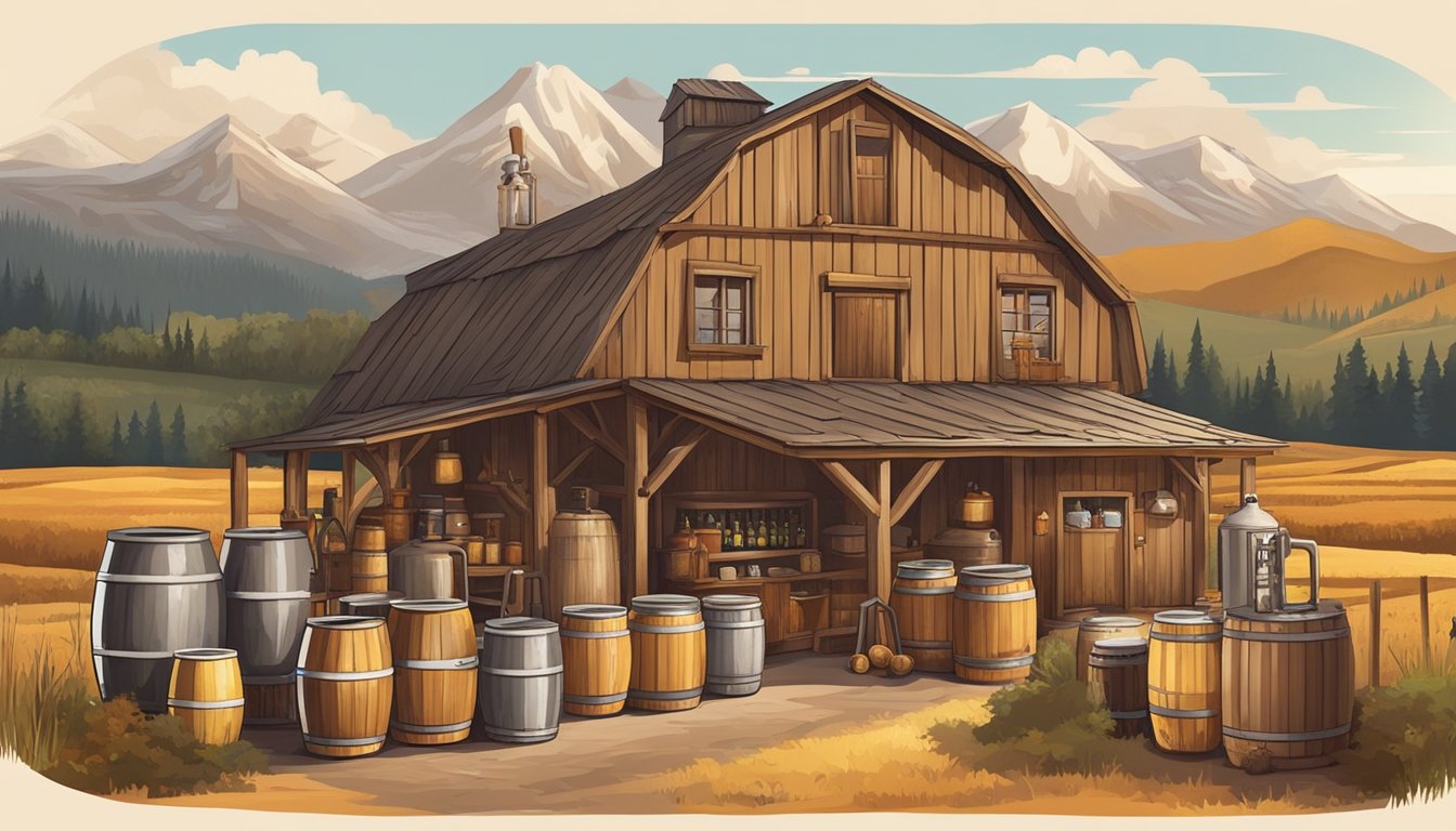 A rustic brewery with cowboy decor, surrounded by fields and mountains, showcasing a variety of seasonal craft beers and spirits