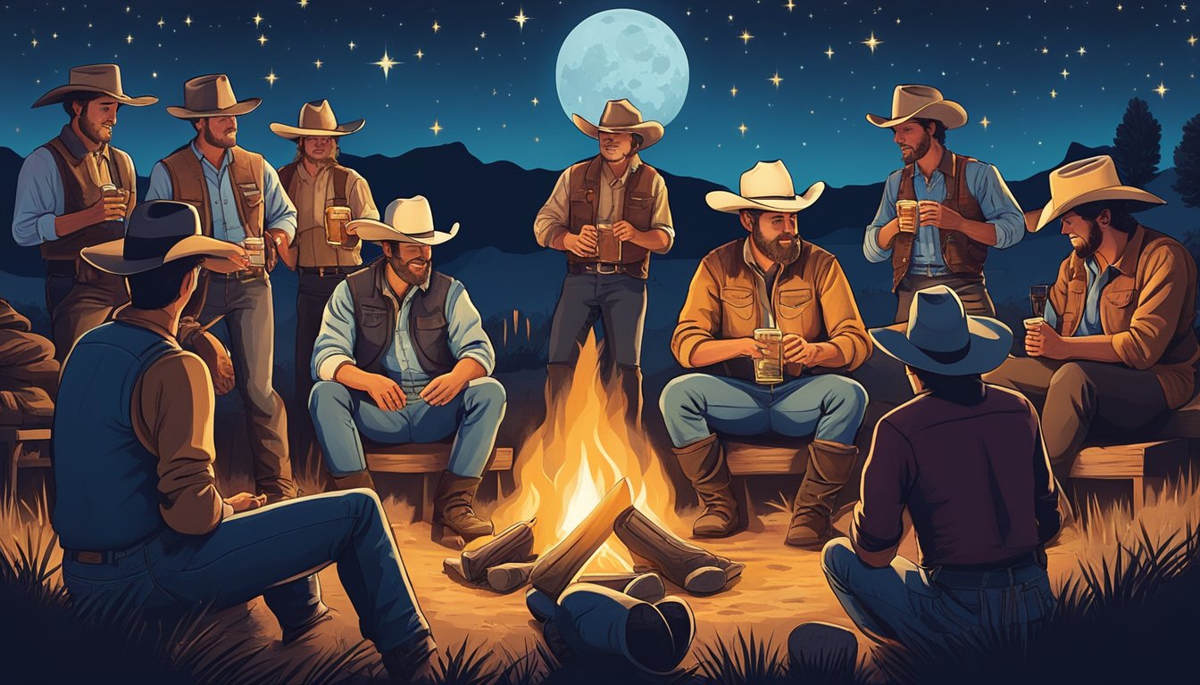 A group of cowboys gather around a campfire, sharing stories and tasting a variety of local craft beers and spirits. The Texas night sky is filled with stars as they enjoy the sense of community and camaraderie