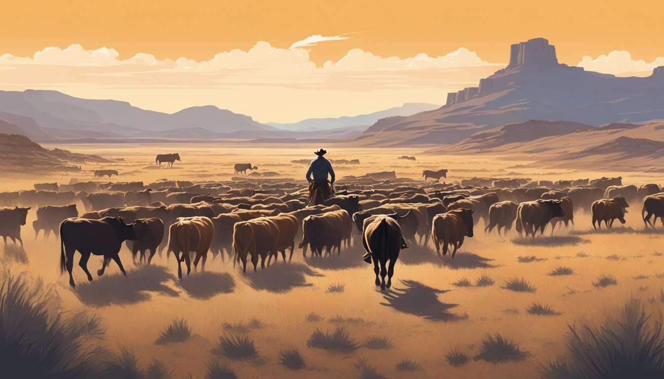 A lone cowboy rides across a vast, rugged landscape with a herd of cattle, evoking the iconic imagery of Texas cowboy culture in modern western films