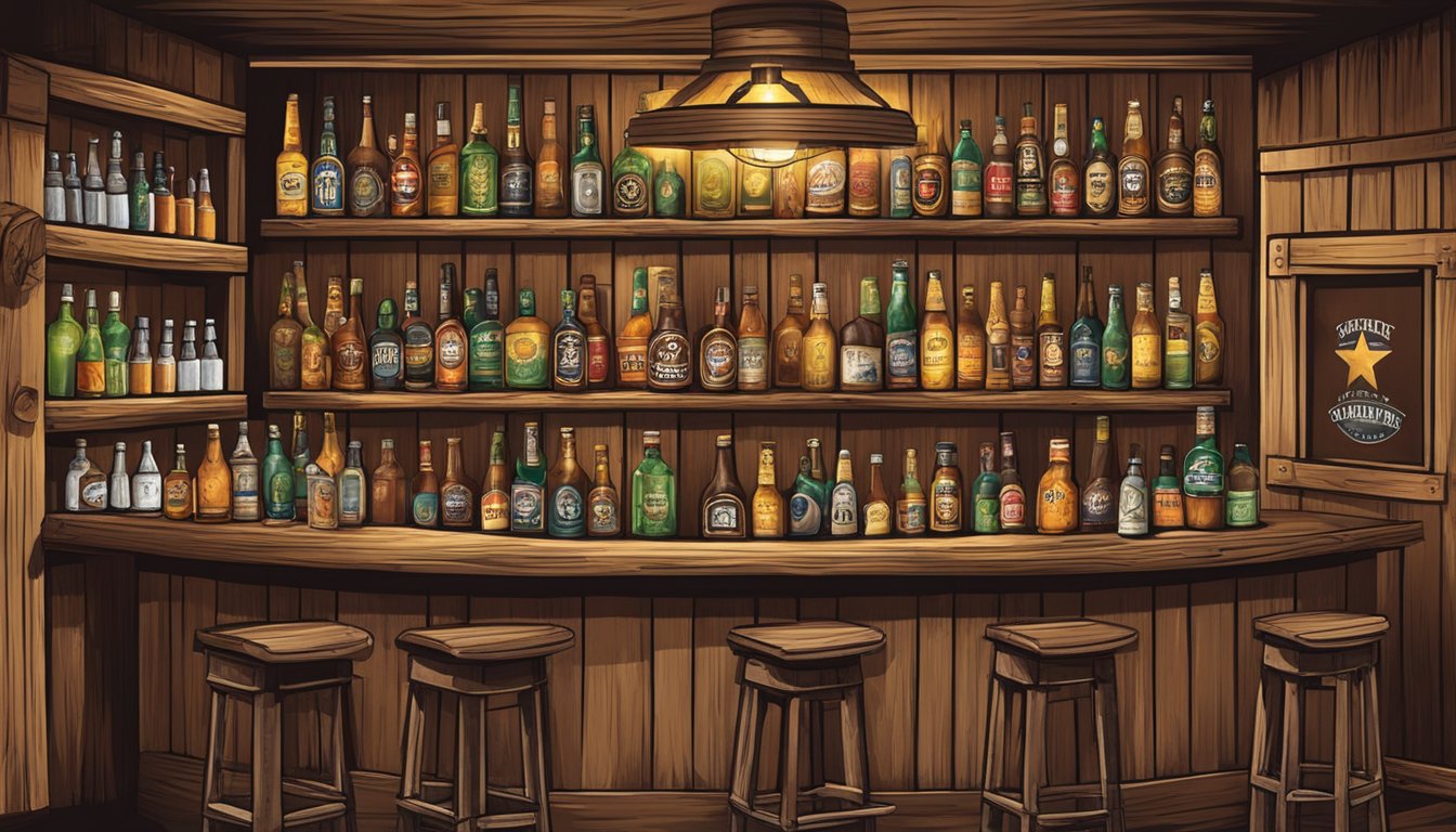 A rustic bar with shelves of local craft beers and spirits, adorned with cowboy hats and western decor