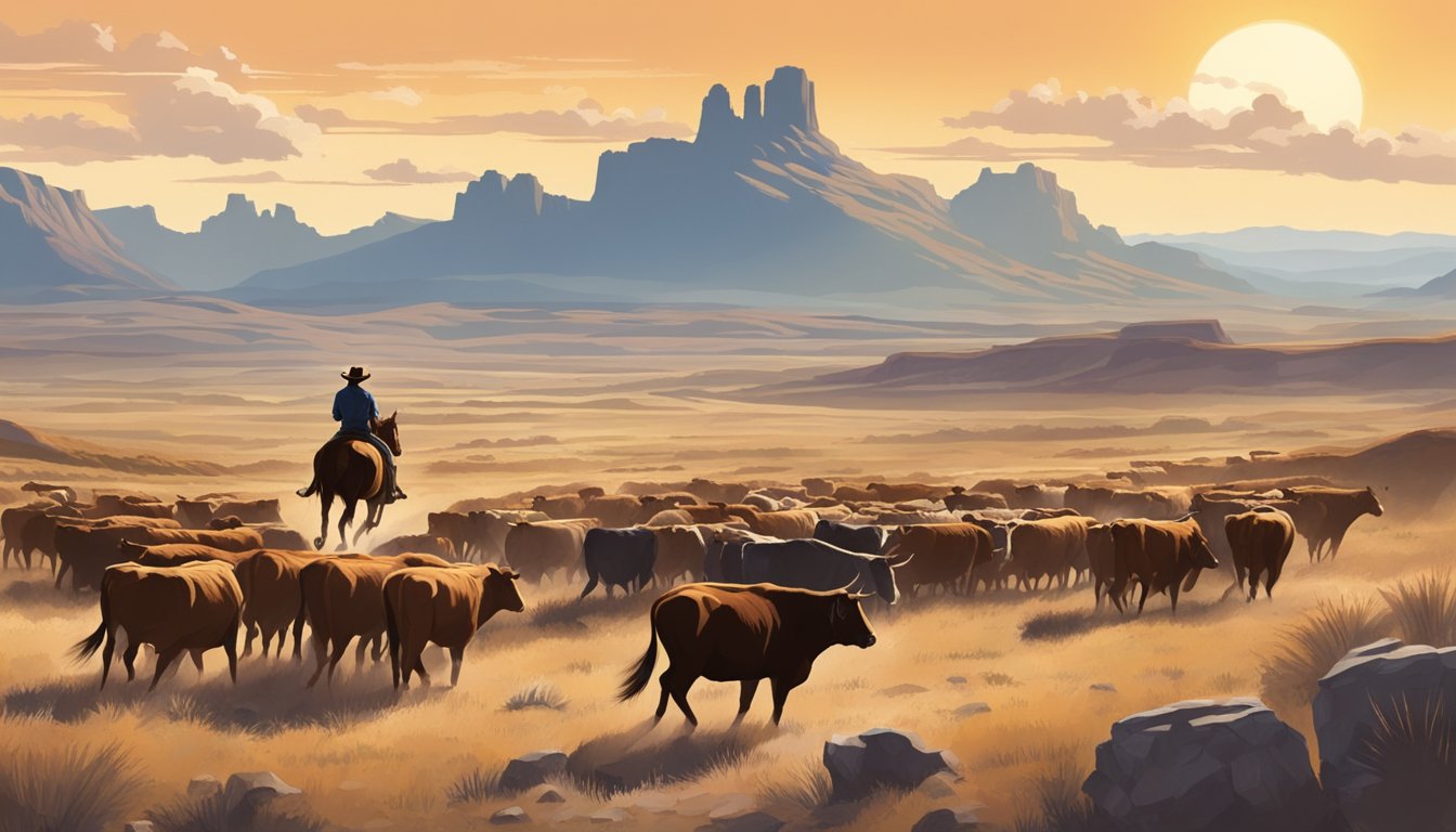 A lone cowboy riding through a vast, rugged landscape with a herd of cattle, symbolizing the influence of Texas cowboy culture on modern western films