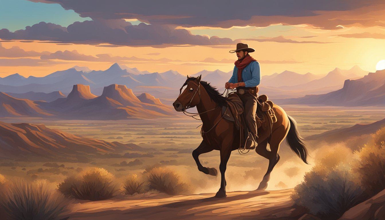 A lone cowboy rides across the vast Texas landscape, with rugged mountains and a setting sun in the background, evoking the iconic imagery of classic Western films