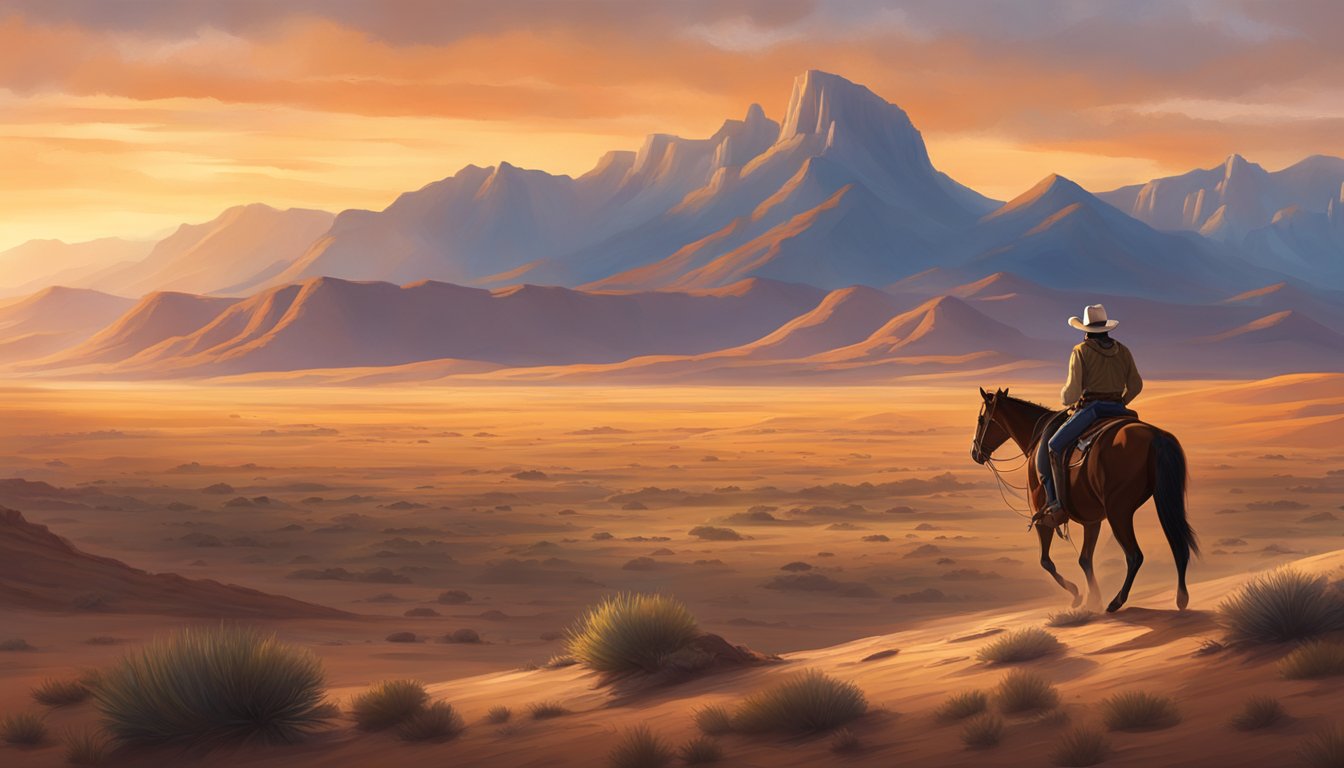 A lone cowboy rides through the vast Texas desert, with rugged mountains in the distance and a setting sun casting a warm glow over the landscape