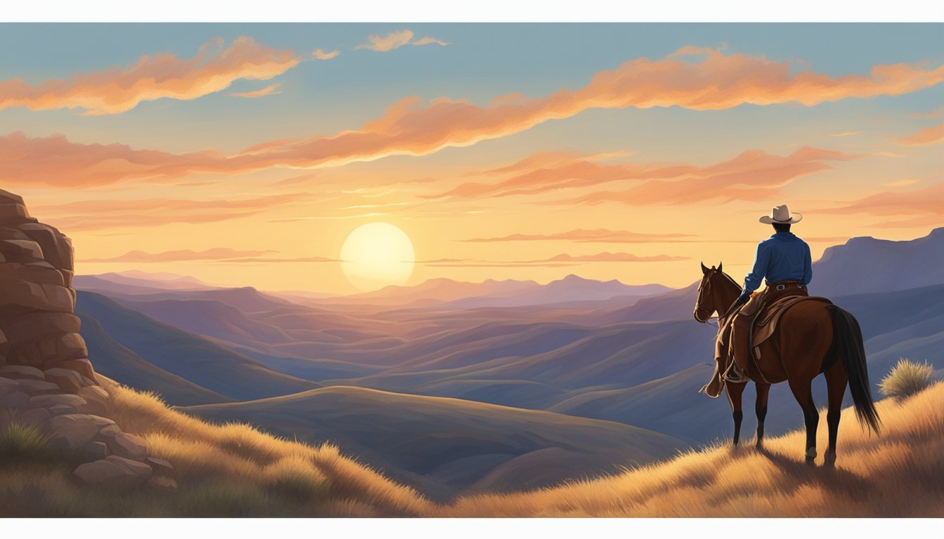 A lone cowboy rides through a vast, rugged landscape, with a backdrop of rolling hills and a setting sun