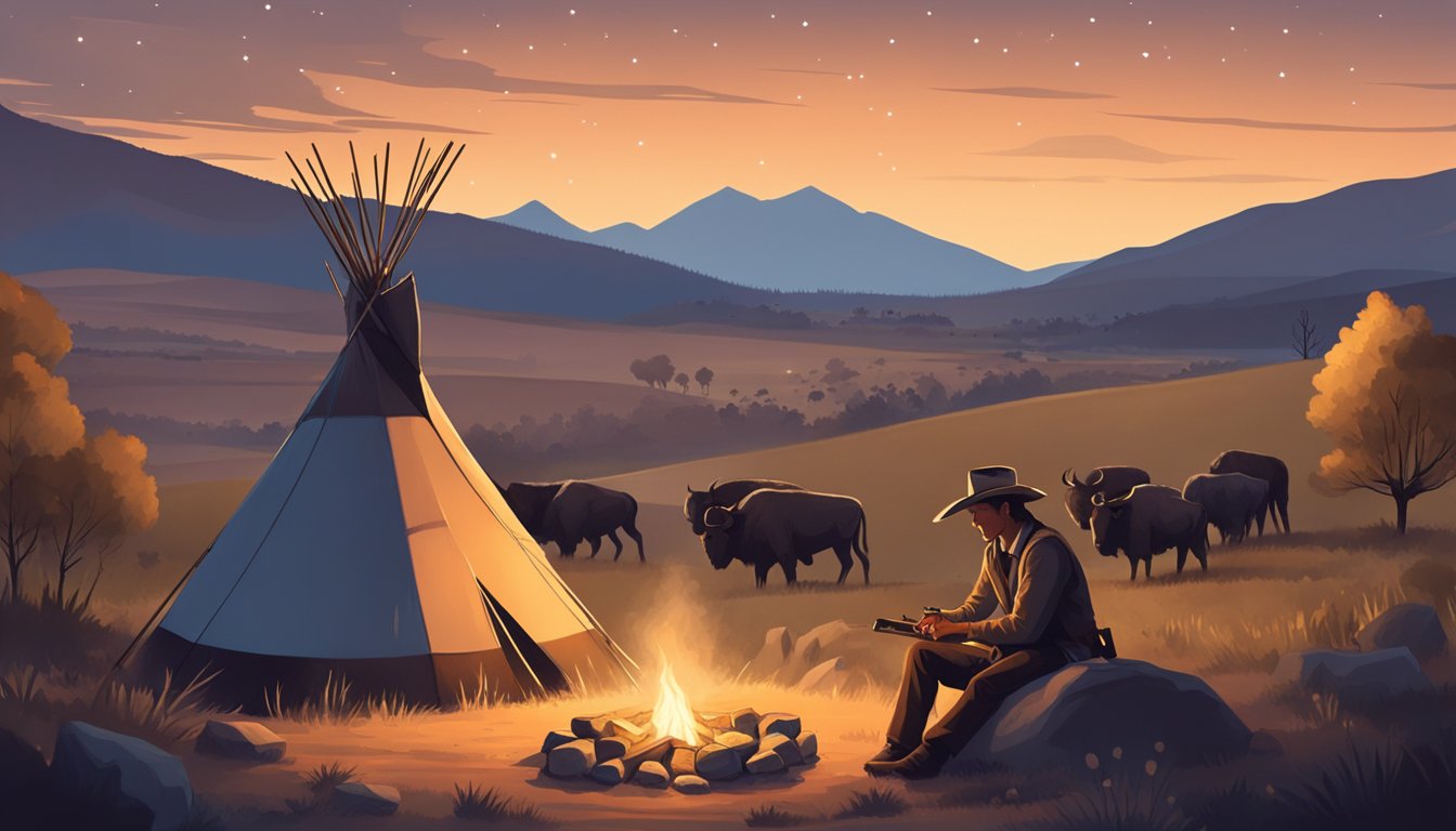 A lone cowboy sits by a campfire, surrounded by rolling hills and a starry sky. A teepee and a herd of buffalo are visible in the distance