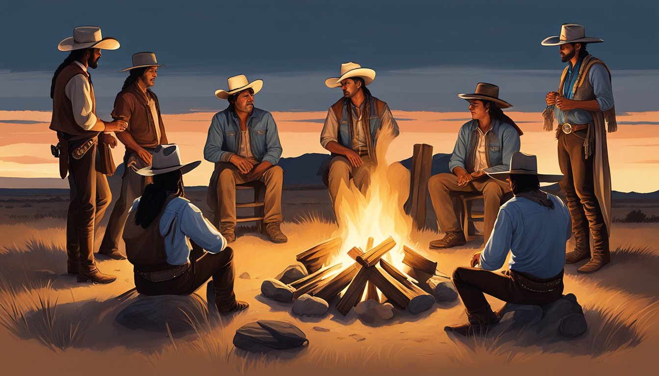 A group of Texas cowboys and Native Americans gather around a campfire, sharing stories and traditions, as the sun sets over the open plains