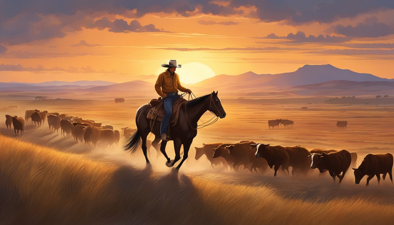 A lone cowboy on horseback herding cattle through the vast Texas plains, with a backdrop of rolling hills and a vibrant sunset