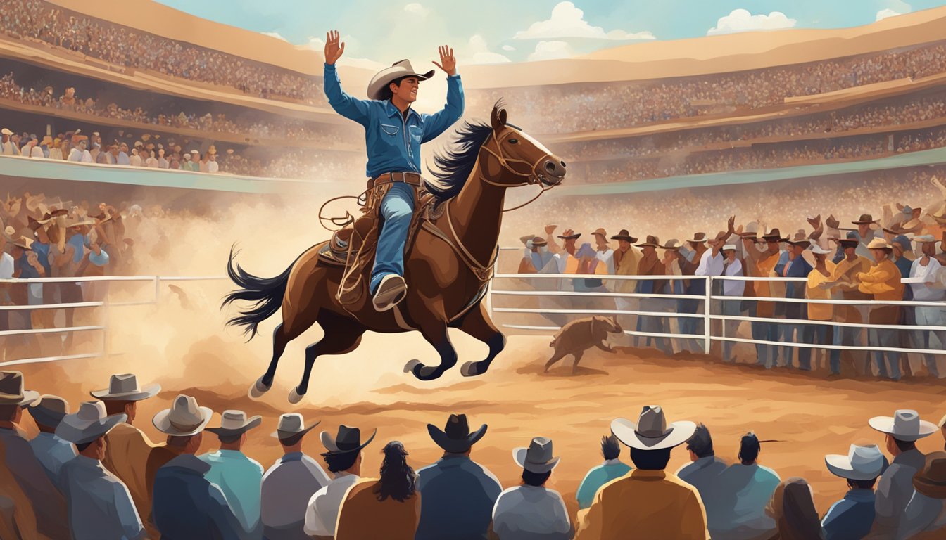 A cowboy riding a bucking bronco at a rodeo, surrounded by cheering spectators and traditional Native American symbols