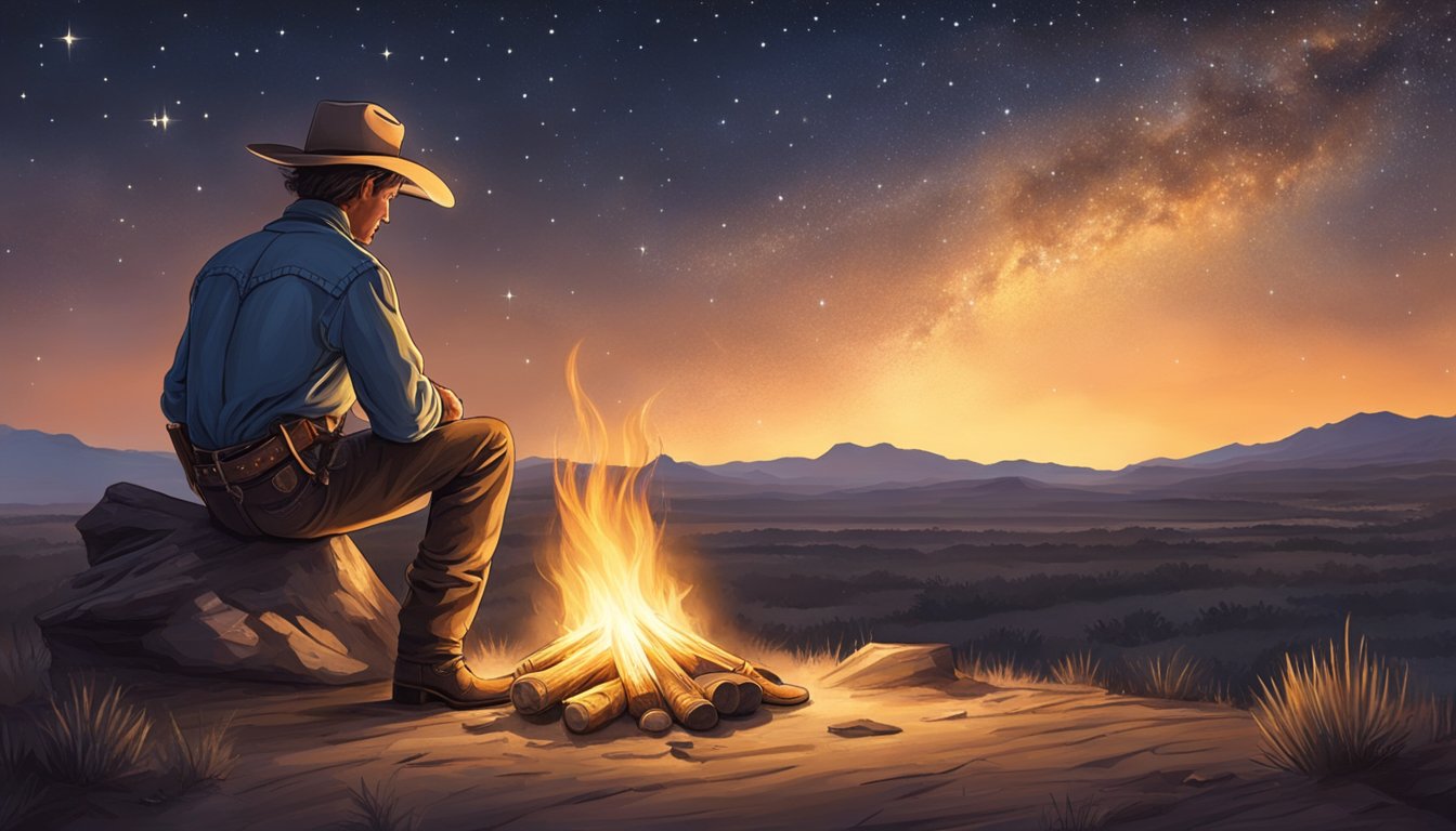 A lone cowboy sits by a crackling campfire under the starry Texas sky, reciting poetry and ballads passed down through generations