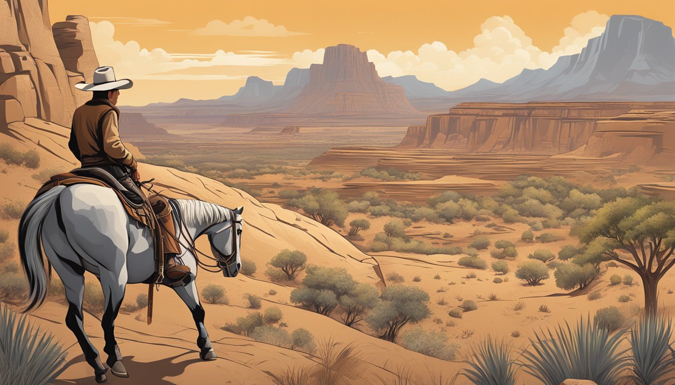 A lone cowboy rides through a rugged landscape, passing by ancient Native American petroglyphs and modern-day tribal symbols