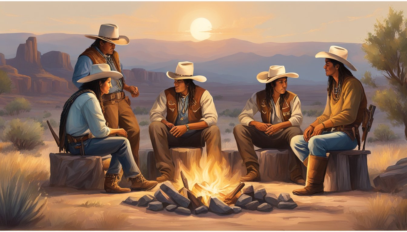 A group of Texas cowboys and Native Americans gather around a campfire, sharing stories and traditions, surrounded by the natural beauty of the American Southwest