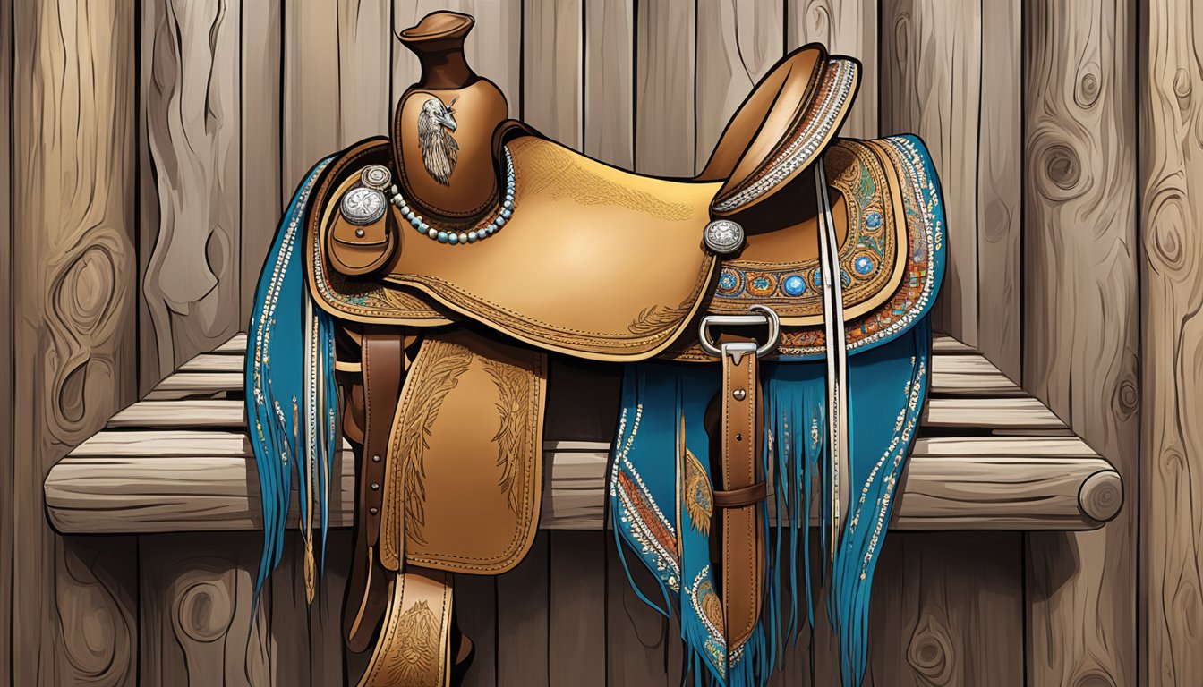 A weathered saddle sits atop a wooden fence, surrounded by a worn cowboy hat, leather boots, and a beaded belt adorned with native American symbols