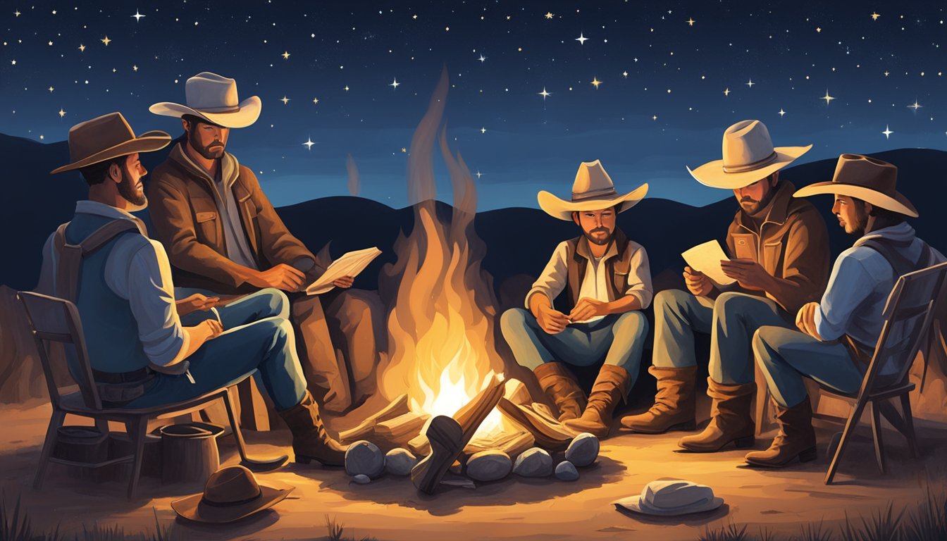 Cowboy hats and boots surround a campfire under the starry Texas sky, as figures share stories and recite cowboy poetry