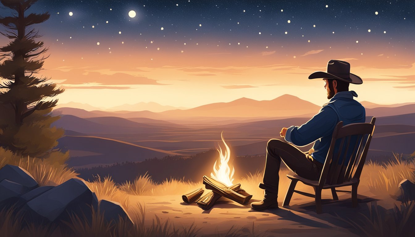 A lone cowboy sits by a crackling campfire, surrounded by rolling hills and a starry sky, reciting poetry to a captivated audience of fellow cowboys