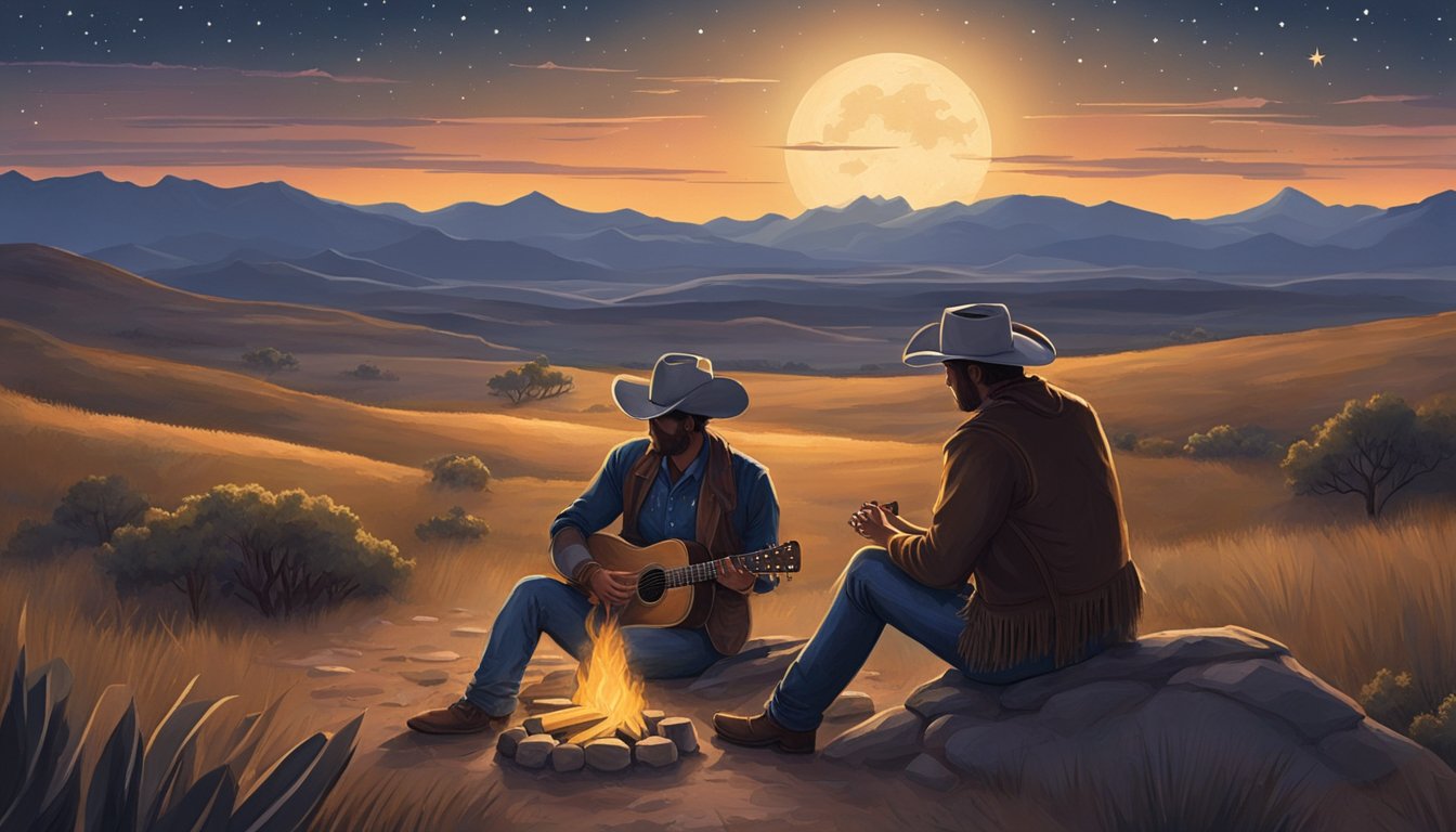 A lone cowboy sits by a campfire under a starry Texas sky, strumming a guitar and reciting poetry. His surroundings are filled with the rugged beauty of the open range