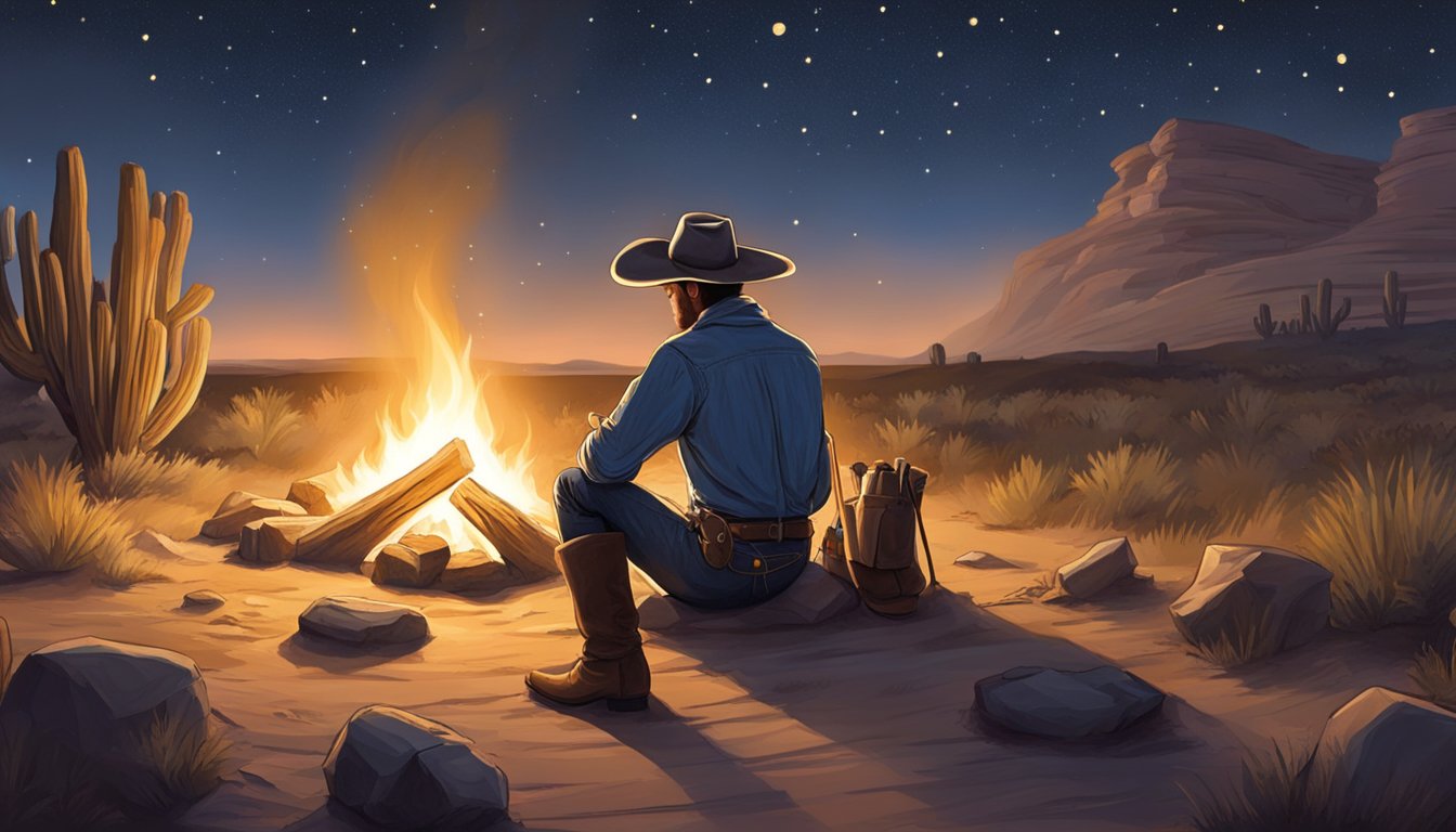 A lone cowboy sits by a campfire under a starry Texas sky, reciting poetry and ballads to a captivated audience of fellow travelers