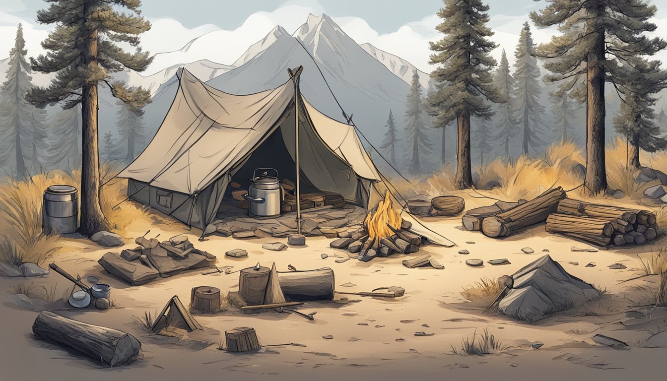 A rugged cowboy's campsite with a roaring fire, a makeshift shelter, and various survival tools scattered around