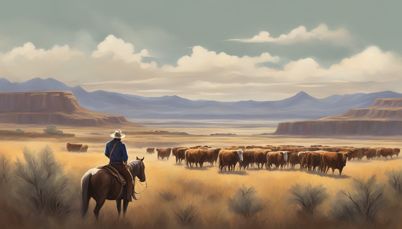 A lone cowboy surveys the vast Texas landscape, herding cattle and managing the land with rugged determination