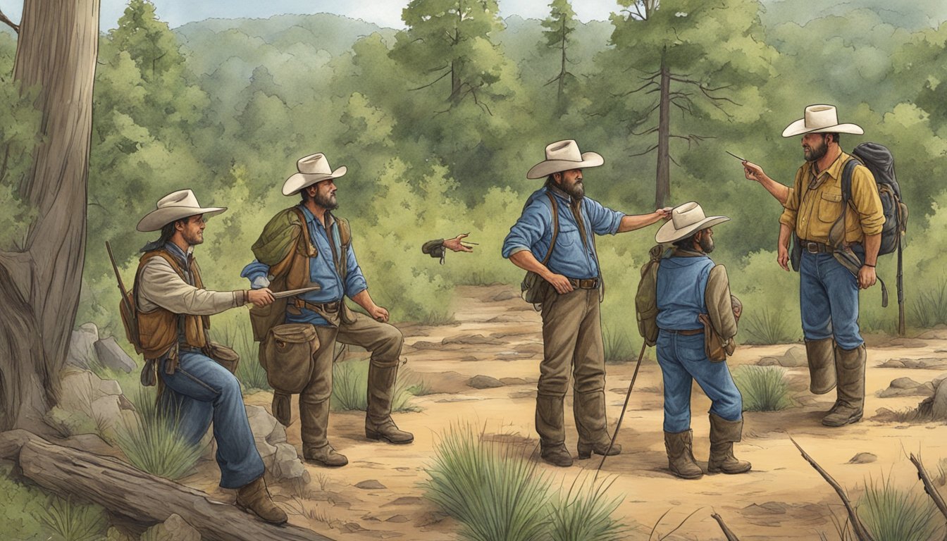 A cowboy guides a group through a Texas wilderness, pointing out wildlife and demonstrating outdoor survival skills