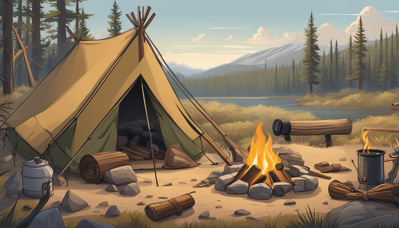 A rugged cowboy's campsite with a roaring fire, a makeshift shelter, a hunting rifle, and various survival tools scattered around