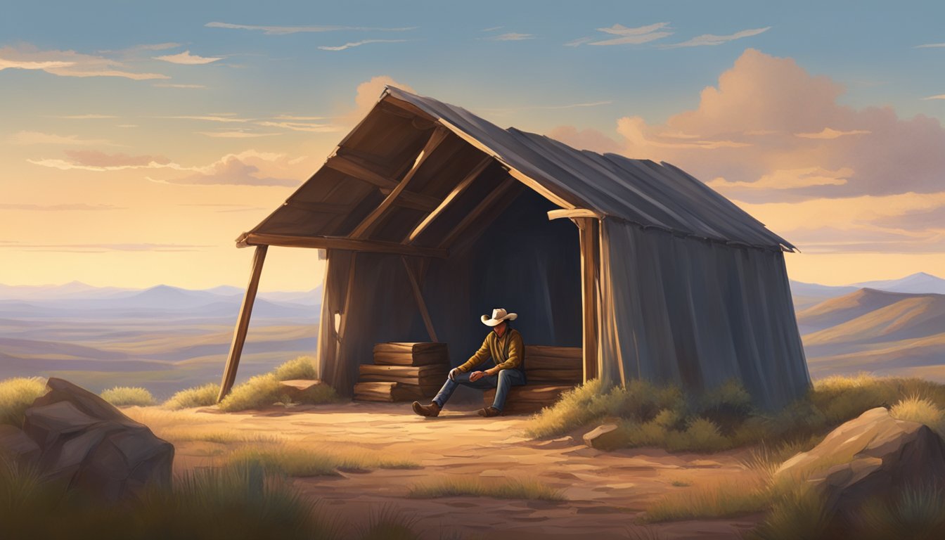 A lone cowboy constructs a shelter in the rugged Texas wilderness, surrounded by rolling hills and a vast open sky