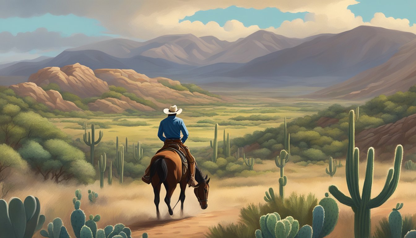 A lone cowboy rides through a rugged Texas landscape, with rolling hills, cacti, and a big sky overhead