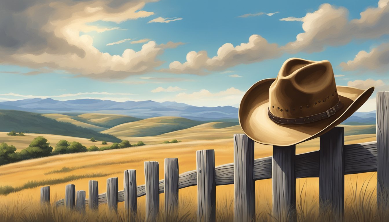 A lone cowboy hat on a weathered wooden fence post, with a backdrop of rolling Texas hills and a big open sky