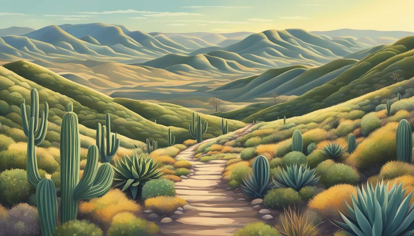 Rolling hills, cacti, and a winding trail through the Texas landscape