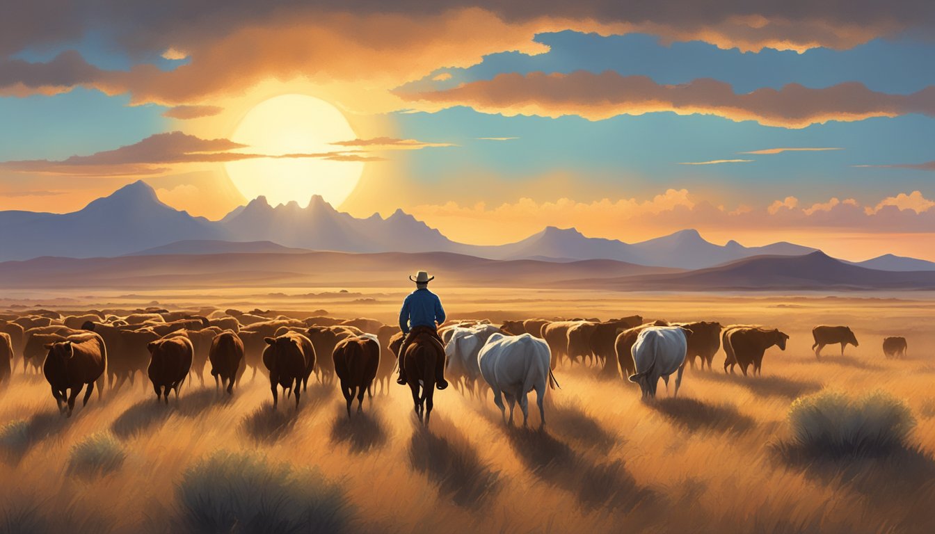 A lone cowboy rides through a vast prairie, herding cattle under a big Texas sky. The sun sets behind distant mountains, casting a warm glow over the rugged landscape