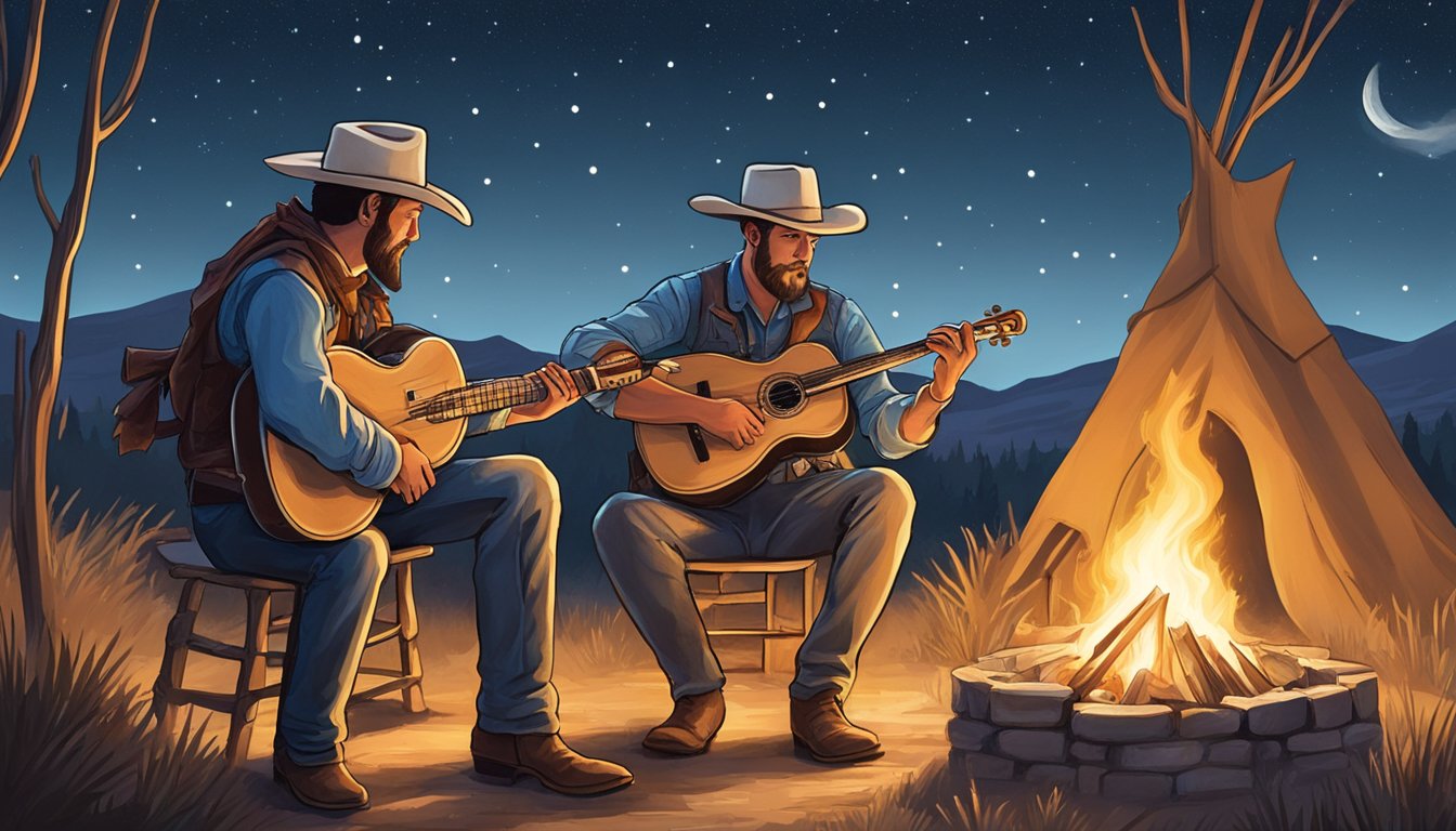 A lone cowboy plays fiddle by a crackling campfire under the starry Texas sky, while another strums a banjo beside him