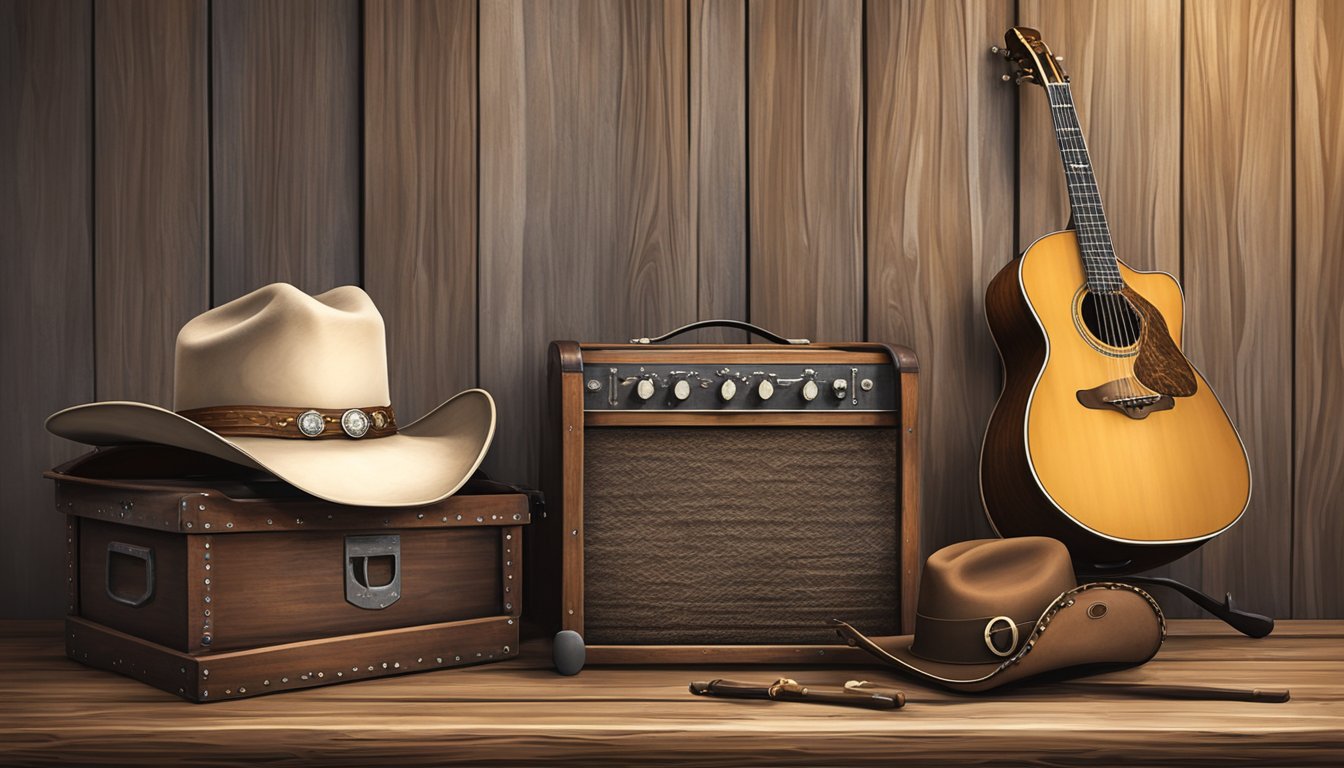 A cowboy hat rests on a weathered wooden stool, next to a well-worn fiddle and a banjo leaning against a vintage amplifier