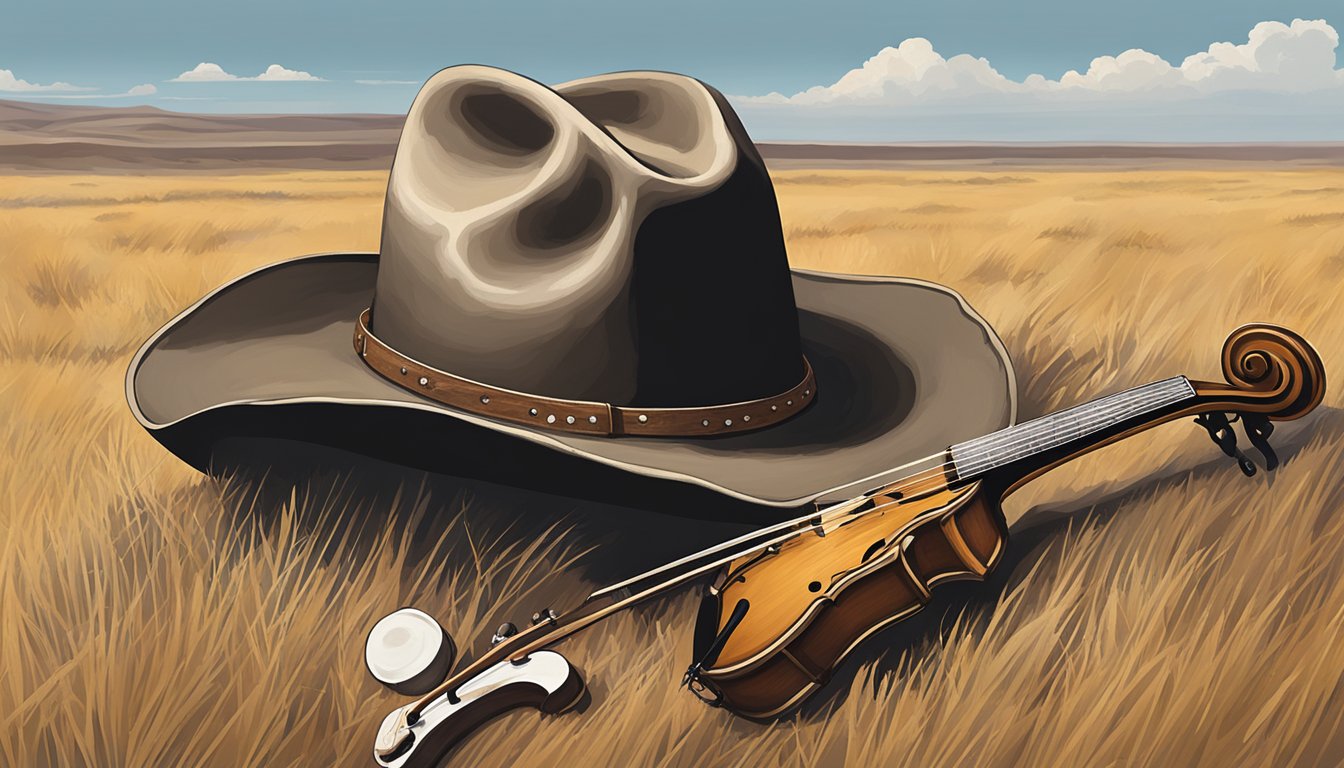 A lone cowboy hat rests on a weathered fiddle and banjo, surrounded by the vast expanse of the Texas plains