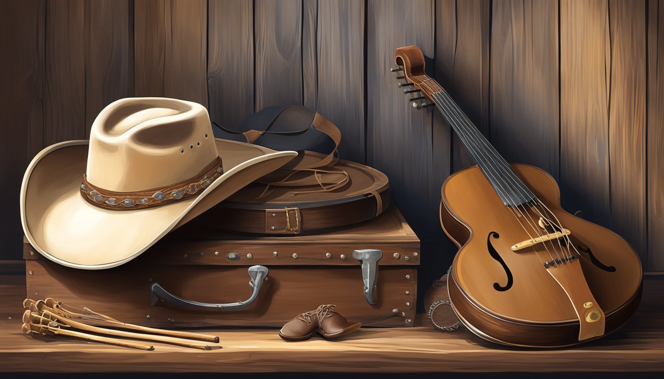 A cowboy hat rests on a wooden fiddle case next to a banjo with worn strings. Cowboy boots and spurs sit nearby