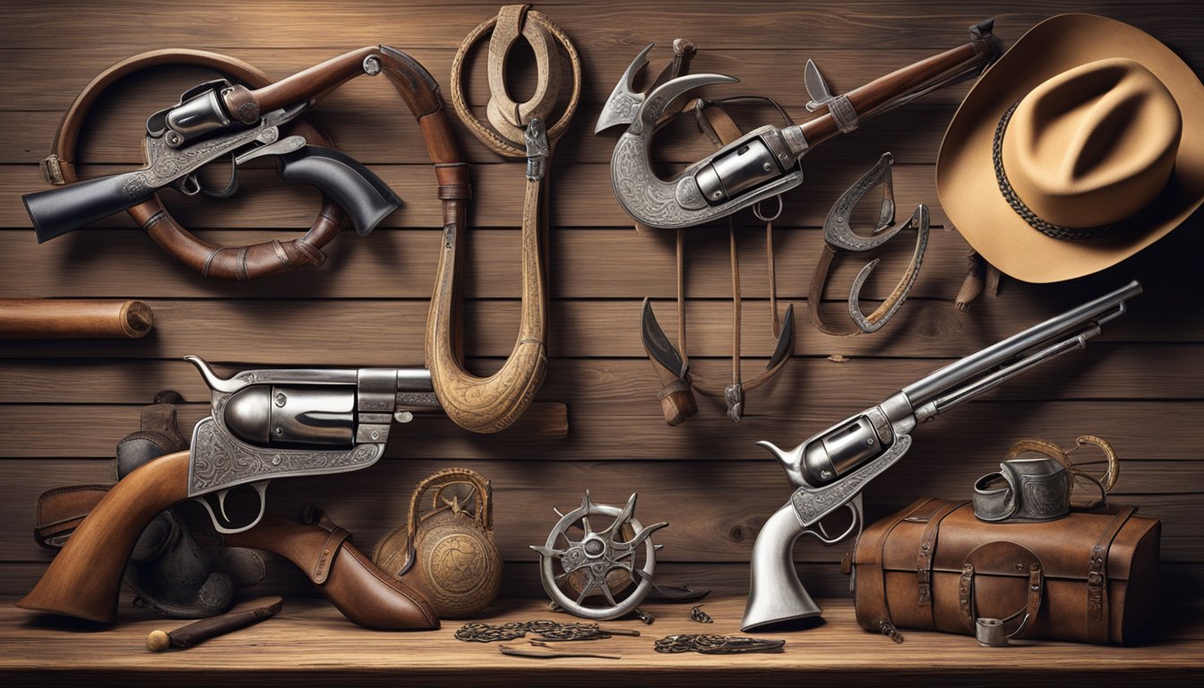 A collection of antique western memorabilia including spurs, cowboy hats, rifles, and horseshoes displayed on a rustic wooden table