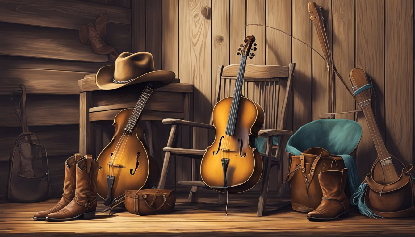 A cowboy hat rests on a weathered wooden chair next to a fiddle and banjo, surrounded by leather boots and a lasso