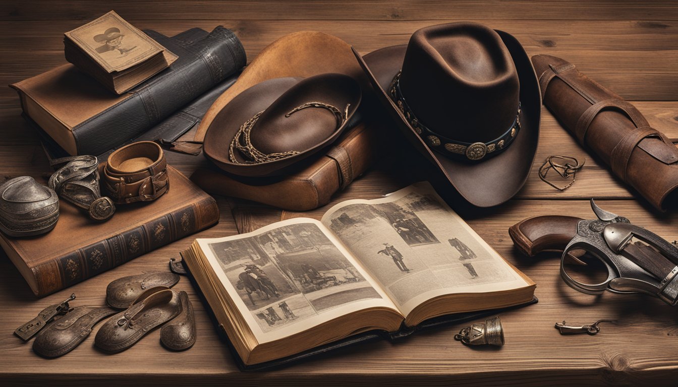 A rustic wooden table covered in antique cowboy hats, spurs, and old photographs. A leather-bound book titled "The Texas Cowboys Guide to Antique Western Memorabilia Collecting" sits open next to a vintage saddle