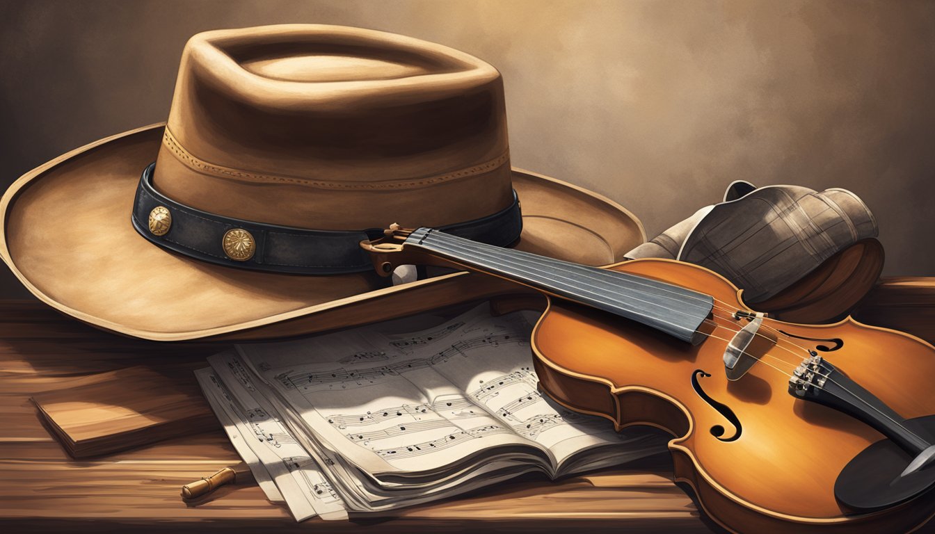 A cowboy hat and fiddle rest on a wooden table, surrounded by vintage sheet music and a banjo leaning against the wall