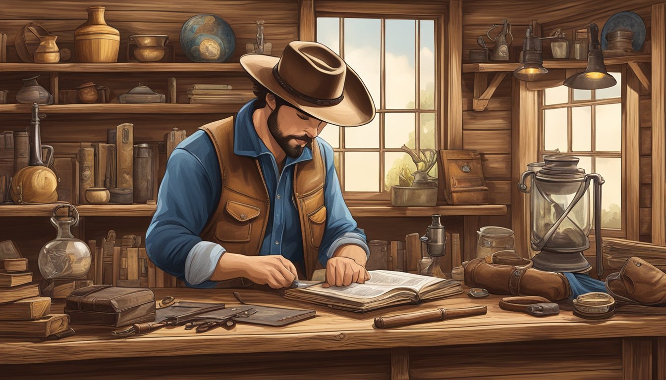 A cowboy carefully arranges antique western memorabilia on a rustic wooden shelf in a cozy study