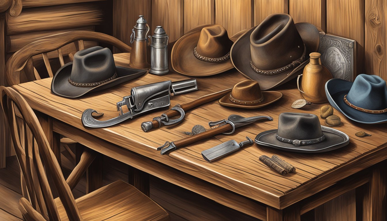 A rustic wooden table displays a collection of antique western memorabilia, including spurs, branding irons, and vintage cowboy hats