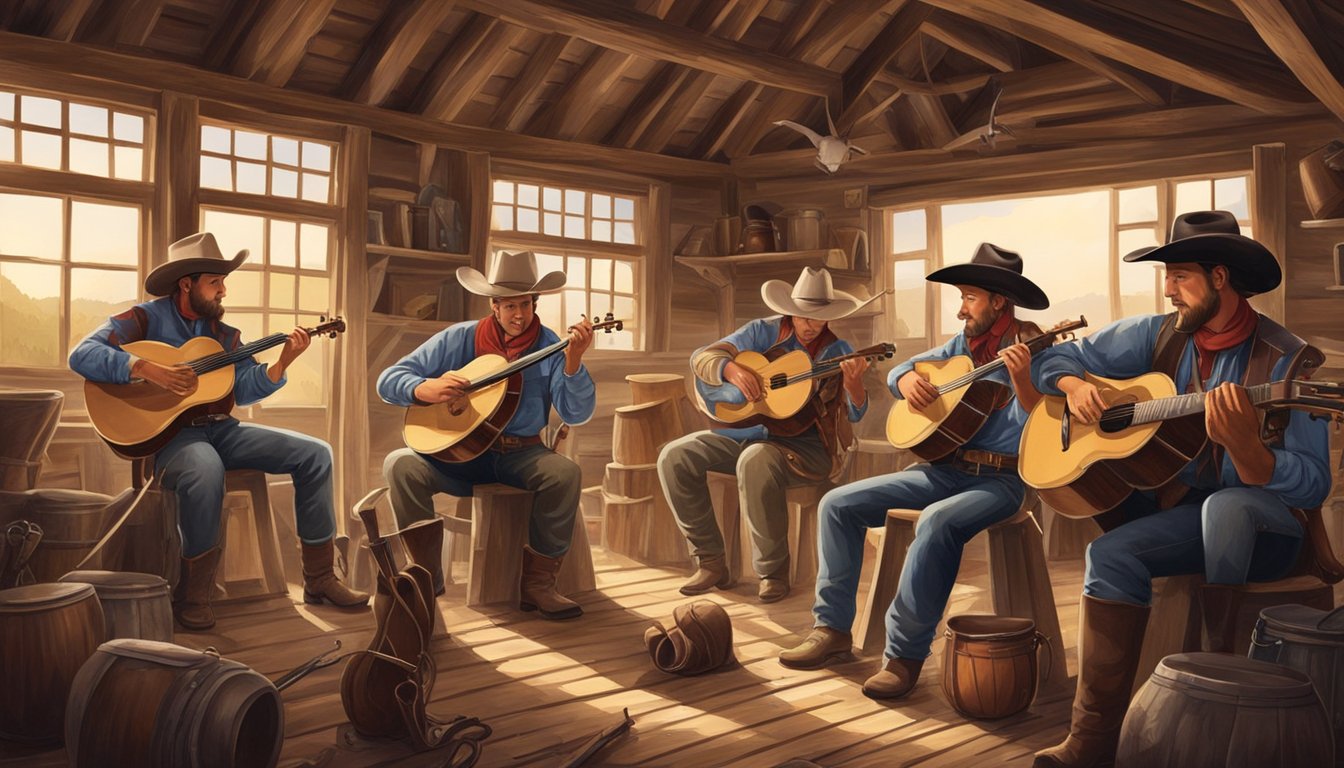 A group of Texas cowboys playing fiddle and banjo in a rustic barn, surrounded by instruments and cowboy hats