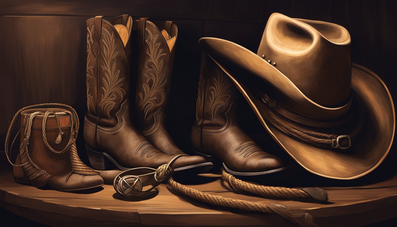 A rustic cowboy hat, leather boots, and a lasso displayed among vintage western artifacts in a dimly lit museum