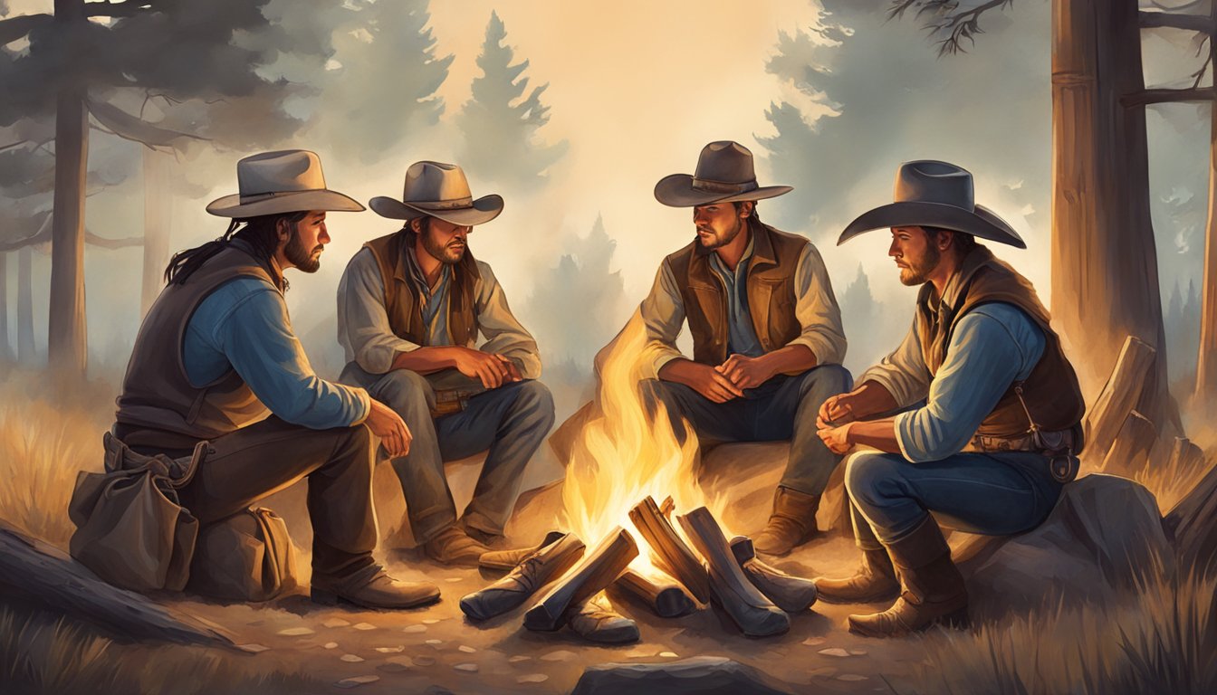 A group of cowboys gathered around a campfire, sharing stories and passing down oral traditions