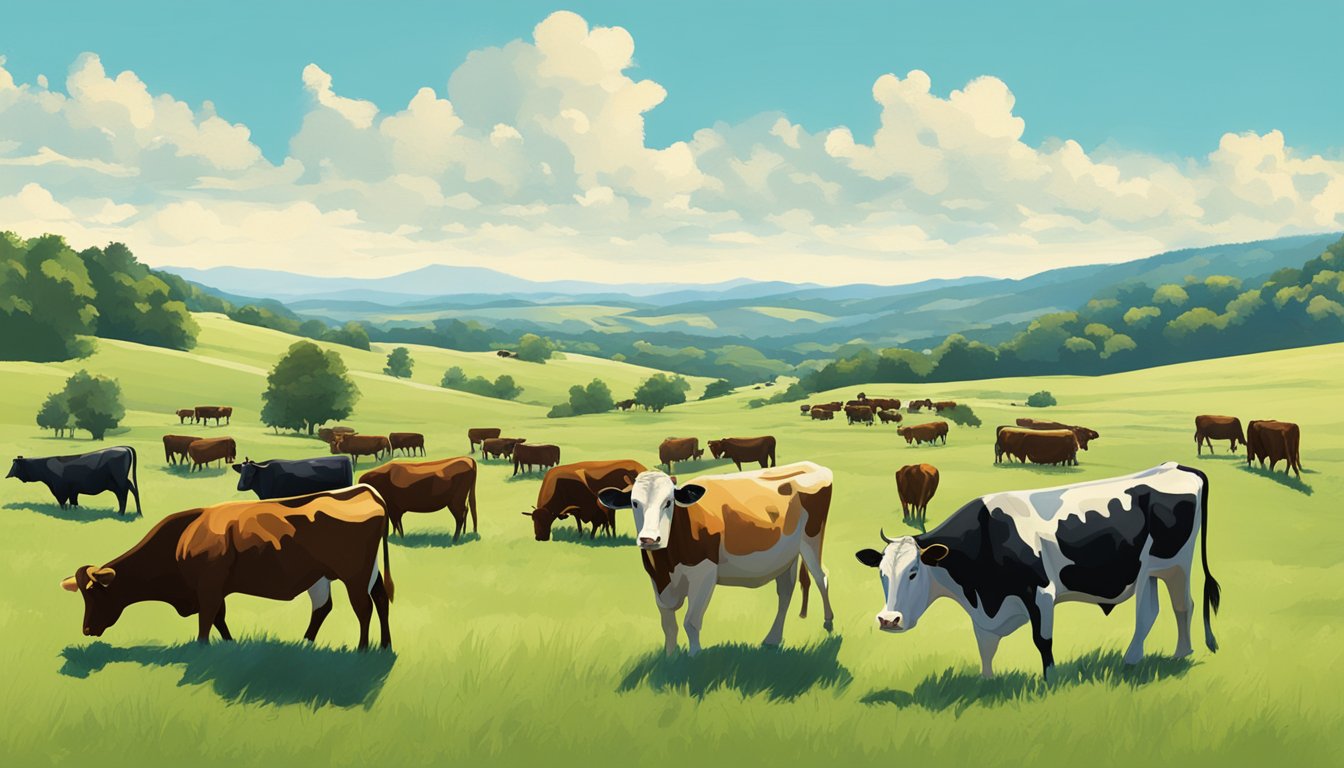 A herd of cattle grazing in a lush, open pasture with rolling hills and a clear blue sky overhead