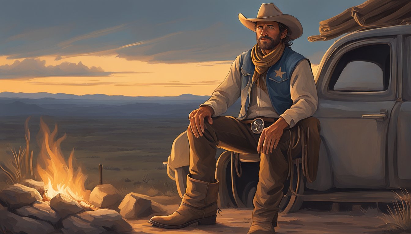 A lone cowboy sits by a campfire, surrounded by the vast Texas landscape. His weathered face and rugged attire tell the story of a life filled with rodeos and the art of storytelling