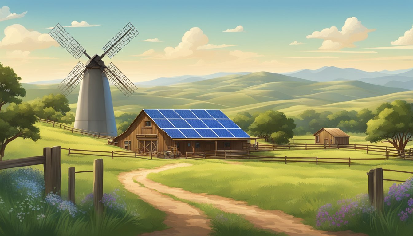 A picturesque Texas ranch with rolling hills, grazing cattle, and diverse native vegetation. A windmill and solar panels provide sustainable energy