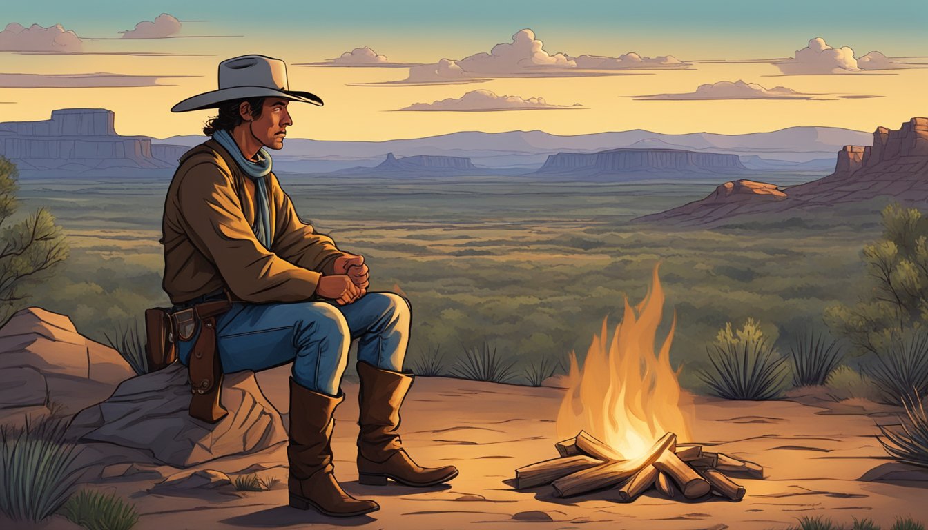 A lone cowboy sits by a campfire, surrounded by the vast Texas landscape. He gestures animatedly as he recounts tales of the old west, preserving the oral storytelling tradition