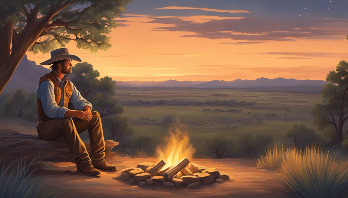 A lone cowboy sits by a campfire, surrounded by the vast Texas landscape. His storytelling captivates the audience of fellow ranchers, as the stars twinkle overhead