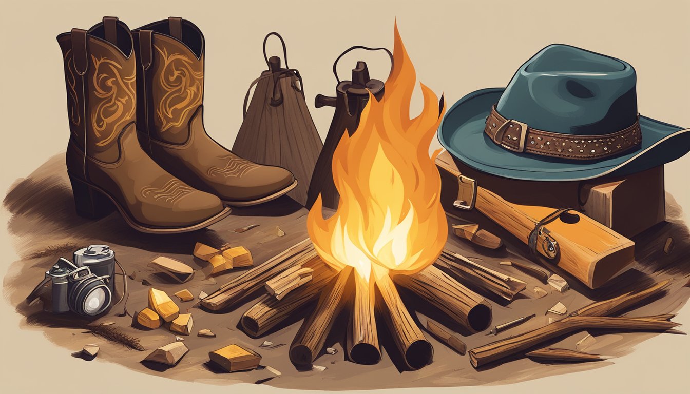 A lone campfire surrounded by cowboy gear, with a mix of historical and modern storytelling tools scattered around