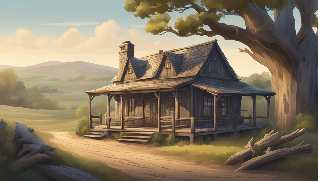 A weathered wooden tavern with a faded sign, surrounded by rolling hills and old oak trees