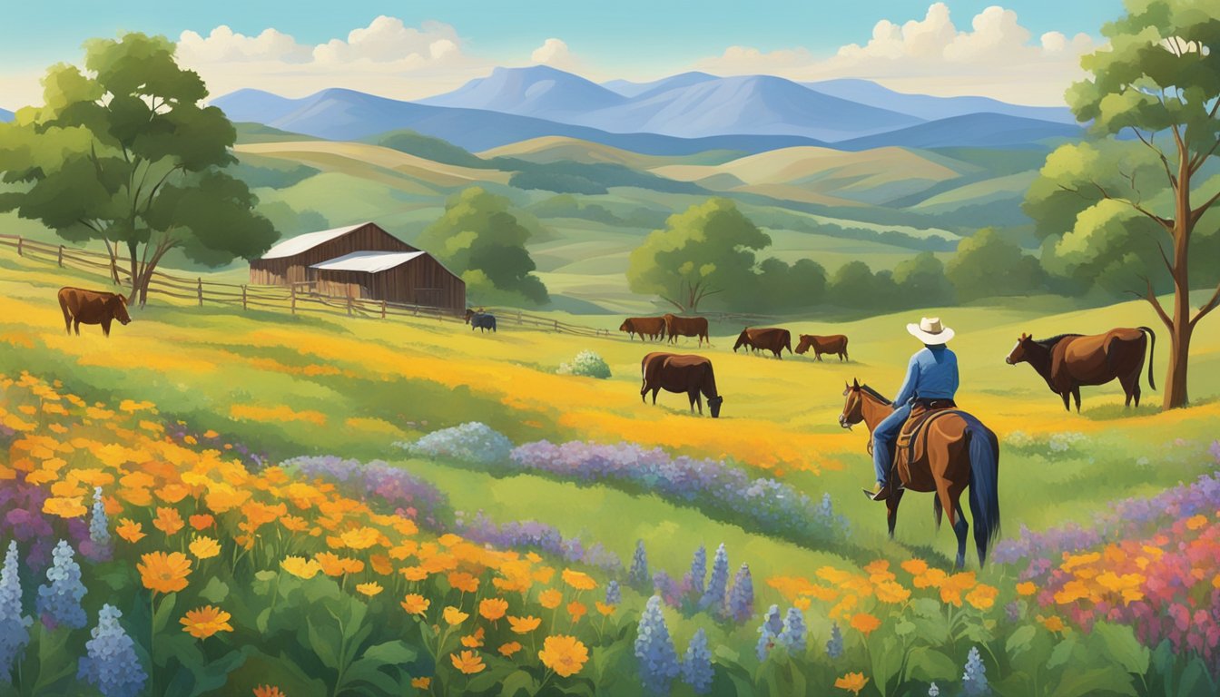 A vibrant field of wildflowers and native plants, with a backdrop of rolling hills and grazing cattle. A cowboy leads a group of visitors through the colorful landscape